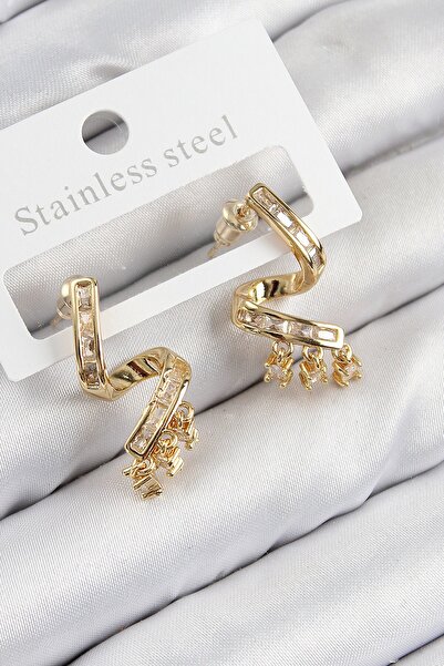 Inure Jewelry Brass Zircon Stone Curved Model Gold Color Women's Earrings