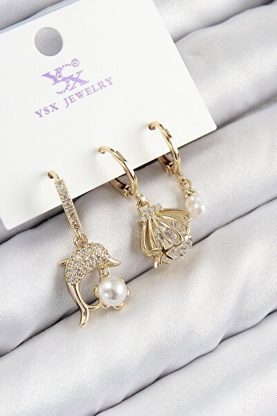 Inure Jewelry Brass Zircon Stone 3-Piece Dolphin and Oyster Model Gold Color ...