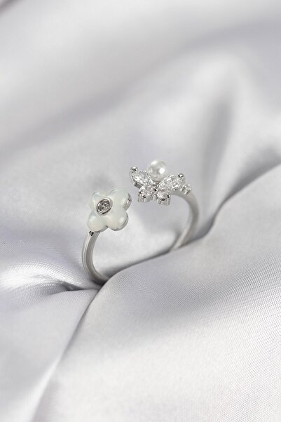 Inure Jewelry خاتم نسائي موديل زهرة لؤلؤية فضية اللون