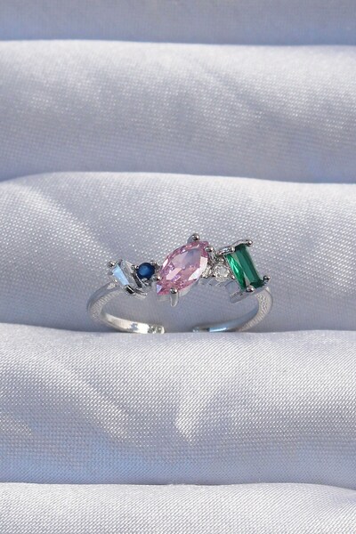 Inure Jewelry خاتم نحاسي فضي اللون ملون بحجر الزركون قابل للتعديل