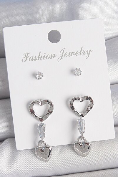 Inure Jewelry Brass Silver Color Zircon Stone Detailed Dangle Model 2 Pair Wo...