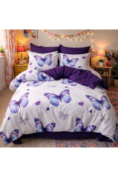 CumparaMisim Double bed linen, Finet, 6 pieces, Purple, butterflies, hearts