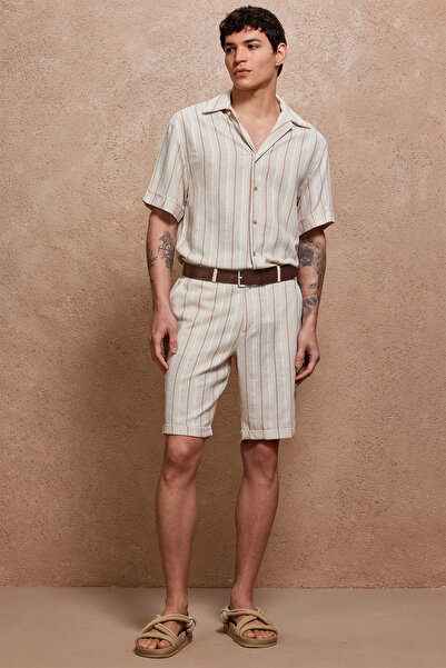 Dear Deer Rustic Beige Linen Mixed Shirt & Shorts Set