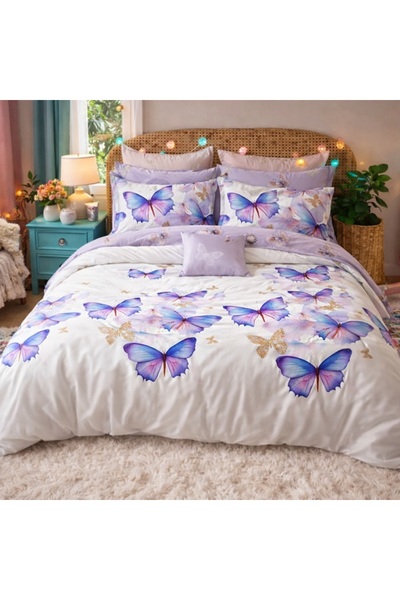 CumparaMisim Double bed linen, Finet, 6 pieces, Lilac, Cream, butterflies