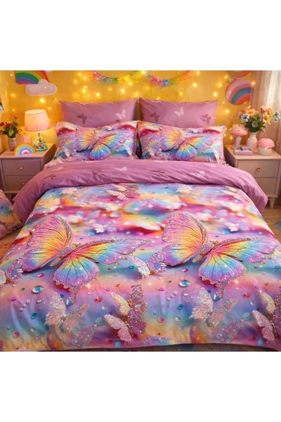 CumparaMisim Double bed linen, Finet, 6 pieces, Pink, butterflies