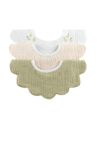 PETIT-ATELlER Muslin Scalloped Baby Bib Set for Infant Girls White Beige Sage...