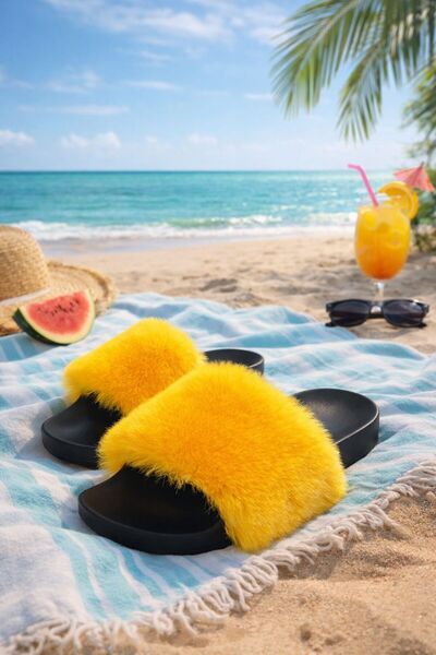 luvo shoes Sarı Kadın Ev Terliği – Kürklü, Ortopedik, Kaymaz Taban, Yumuşak v...