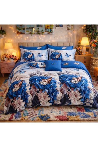 CumparaMisim Double bed linen, Finet, 6 pieces, White, Blue, butterflies
