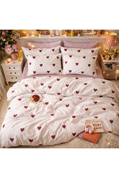 CumparaMisim Lenjerie pat dublu, Finet, 6 piese, crem, lila, inimioare