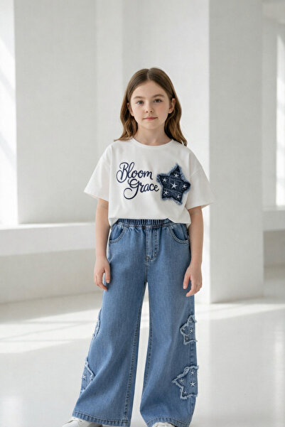 İray Κομψό καλοκαιρινό σετ για κορίτσια – Μπλουζάκι & Παντελόνι τζιν Yıldız μ...