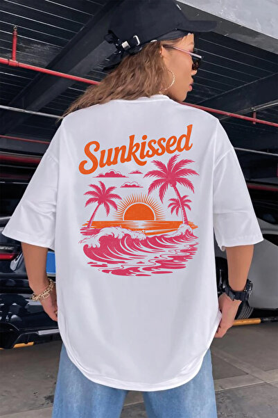 SUNFREE SUMMER YAZ KOLEKSİYON MIX Λευκό μπλουζάκι oversize με στάμπα στην πλά...