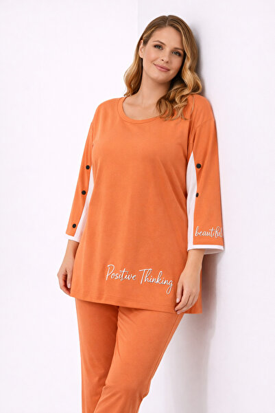 Şans Women's Plus Size Orange, Sleeve Detail ,Crew Neck Top, Pocketed High Wa...