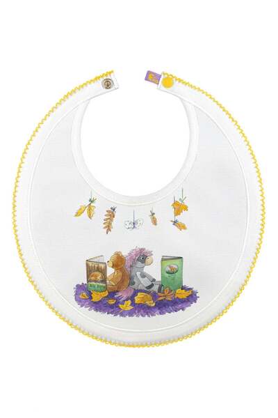 PETIT-ATELlER Illustrated Fabric Round Baby Bib Squirrel Autumn Scene White Y...