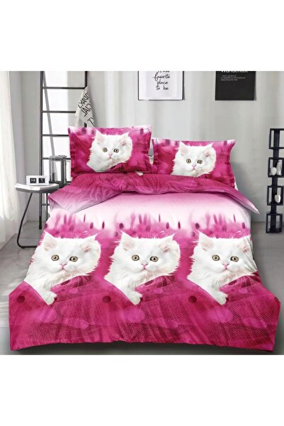 CumparaMisim Lenjerie pat dublu, cearsaf clasic, imprimeu 3D, Roz, pisici