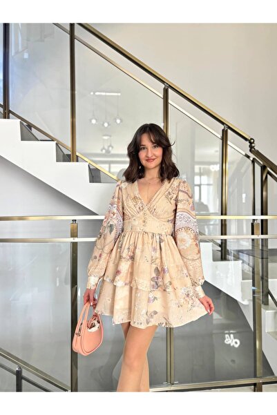 Sude Kızanlıklı Cream Color V-Neck Patterned Vintage Dress
