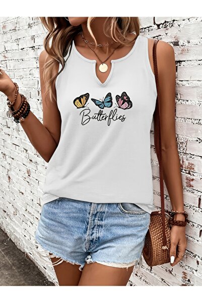 mercoledi تي شيرت نسائي من Kelebek مطبوع بفتحة رقبة على شكل حرف V بدون أكمام ...