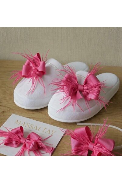 Massaltay Anne Bebek Lohusa Terlik Taç Bandana Seti Tüylü Fiyonklu Doğum Hast...