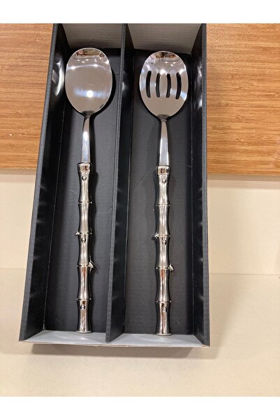 PLUS HOME Serving Salad Set 2-Piece Rice and Steel Bamboo Bamboo Colors Silve...