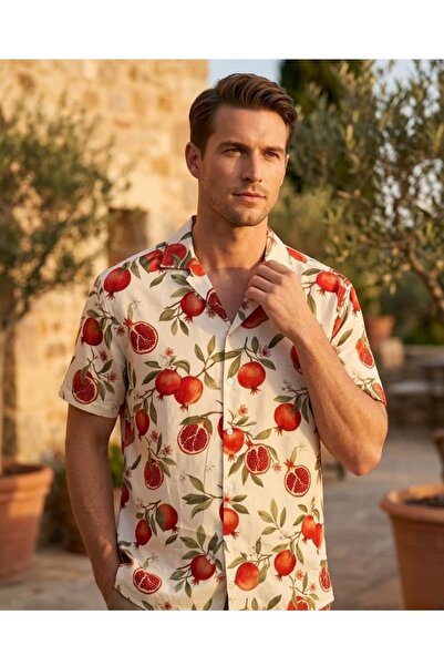 CANMODA Men's Cream Pomegranate Patterned Short Sleeve Relaxed Fit Summer Shi...