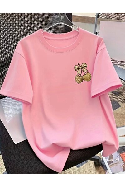 FUFLUNS Ribbon Cherry Printed Unisex Women'S/Men's Oversized Crewneck T-Shirt