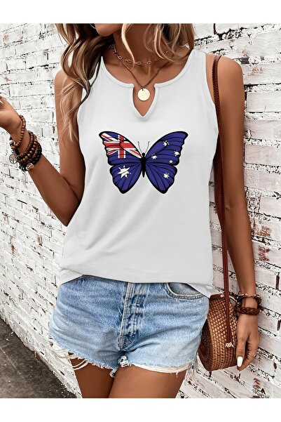 mercoledi تي شيرت نسائي من Kelebek مطبوع بفتحة رقبة على شكل حرف V بدون أكمام ...