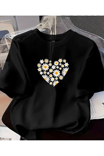 FUFLUNS تي شيرت PAPATYA مطبوع عليه قلب للجنسين مقاس كبير برقبة دائرية للنساء/...