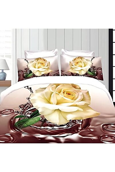 CumparaMisim Lenjerie pat dublu, cearsaf clasic, imprimeu 3D, Bej, flori