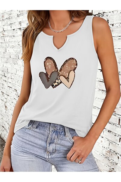 mercoledi تي شيرت نسائي كاردي مطبوع بفتحة رقبة على شكل حرف V بدون أكمام وقصة ...