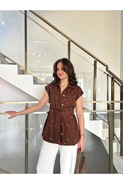 Sude Kızanlıklı حزام معدني تفاصيل مرصعة بني دنيم سترة