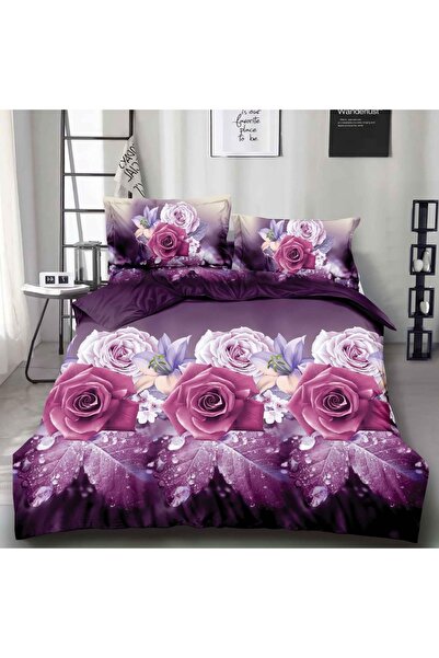 CumparaMisim Double bed linen, classic sheet, 3D print, Purple, roses