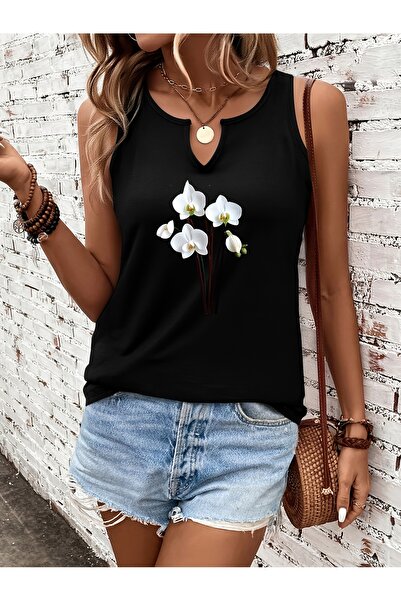 Deocept Γυναικείο μπλουζάκι με λουλούδια με τύπωμα με μισό λαιμόκοψη V, αμάνι...