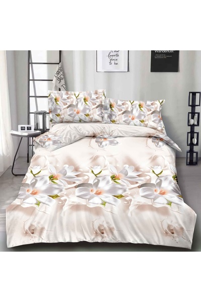 CumparaMisim Lenjerie pat dublu, cearsaf clasic, imprimeu 3D, Crem, magnolii