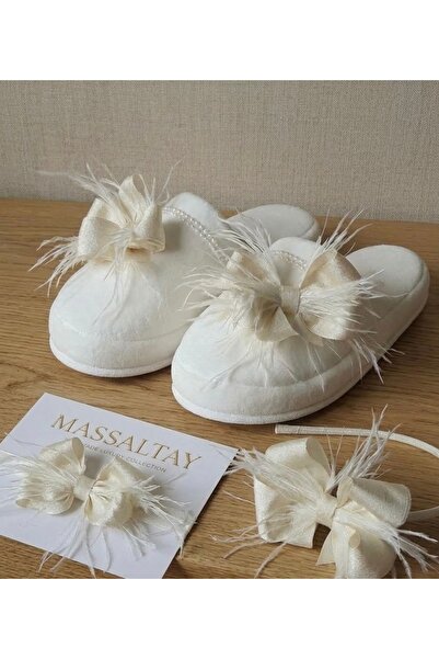 Massaltay Anne Bebek Lohusa Terlik Taç Bandana Seti Tüylü Fiyonklu Doğum Hast...