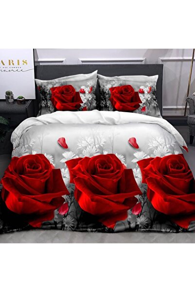 CumparaMisim Lenjerie pat dublu, cearsaf clasic, imprimeu 3D, Rosu, trandafiri