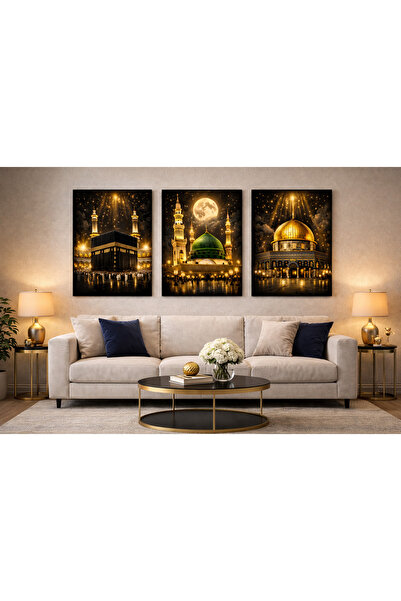 Lona Sanat Altın Işıklı Kabe – Mescid-i Nebevi – Kubbetü’s Sahra 3’lü Tablo S...