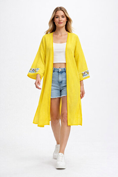 Tosbikotantik Kişiye Özel Tasarım Kanaviçe İşlemeli Şile Bezi Sarı Kimono / Kap