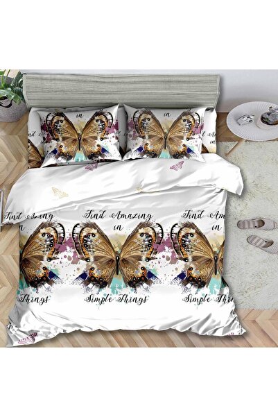 CumparaMisim Lenjerie pat dublu, cearsaf clasic, imprimeu 3D, Auriu, fluturi
