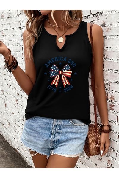 mercoledi Women's Ribbon Printed Half V-Neck Sleeveless Regular Fit Casual T-...