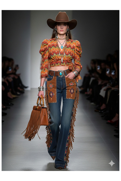 Namaste Vintage Orange Self-Made Patterned Waist Tie-Detail Balloon Sleeve Bl...