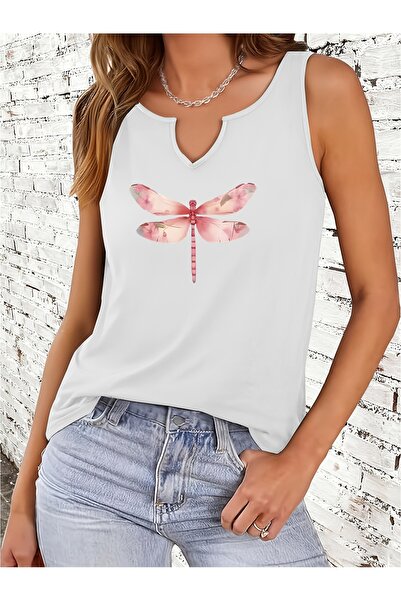 mercoledi Dragonfly cu imprimeu pentru femei, cu decolteu în V, fără mâneci, ...