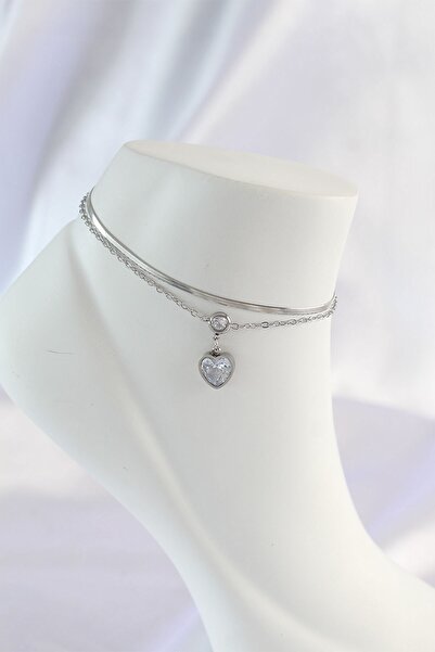 Inure Jewelry 316L الصلب الفضي اللون الزركون حجر القلب تصميم خلخال 2 قطعة