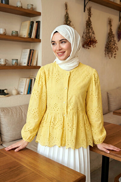 MODAQU Kol Lastik Lined Eyelet Embroidery Shirt - Yellow