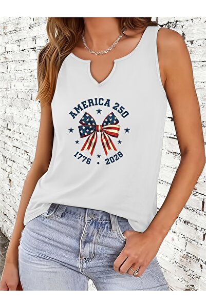 mercoledi Women's Ribbon Printed Half V-Neck Sleeveless Regular Fit Casual T-...