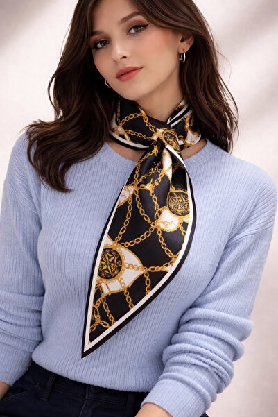 Mavi Masal Luxury Chain Patterned Silk D Textured Satin Scarf - Black with Go...