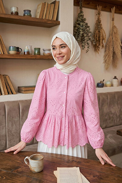 MODAQU Kol Lastik Lined Eyelet Embroidery Shirt - Pink