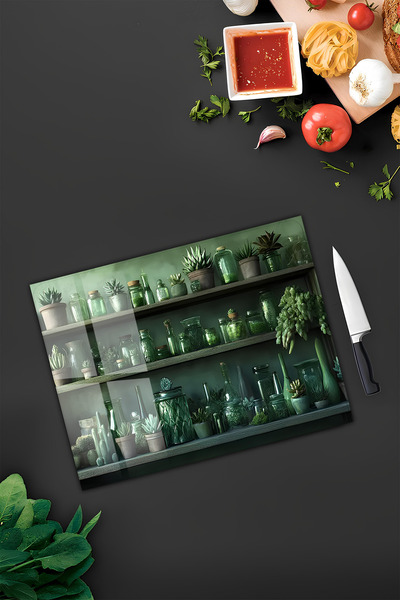 kutuTR Green Succulent and Glass Jar Tempered Glass Cutting Board 30X40 cm Size Uv Printing - Bckt024