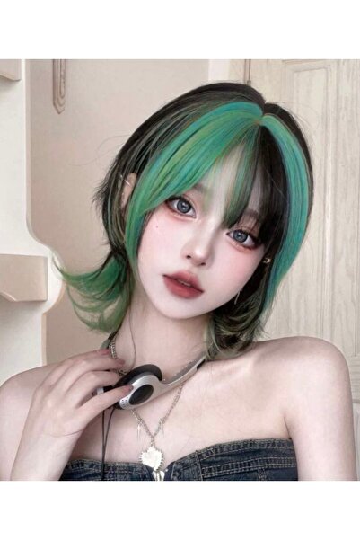Butic Anime Cosplay Yeşil Siyah Turkuaz Sentetik Peruk Çift Renkli Peruk