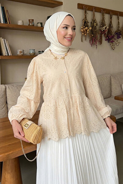 MODAQU Kol Lastik Lined Eyelet Embroidery Shirt - Beige