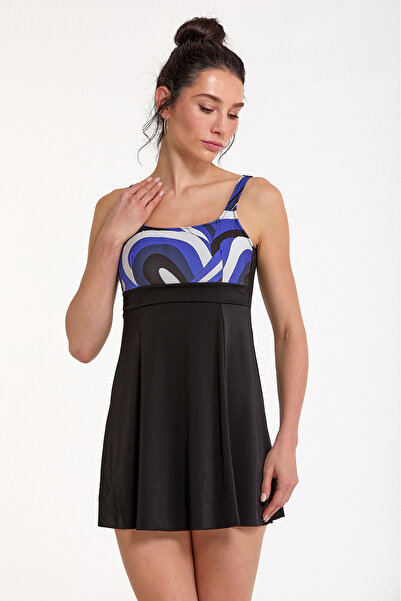 Argento Women's Patterned Thin Covered Strap Round Neck Black Shorts Dress Sw...