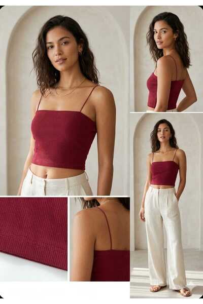 Butik Kadın Kare Yaka İp Askılı Fitilli Örme Crop Büstiyer Basic Bluz 2'li Pa...